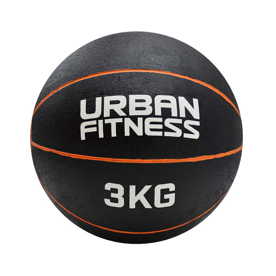 The Urban Fitness Medicine Ball is a black rubber ball with orange stripes and “URBAN FITNESS” plus “3KG” in white—perfect for building explosive power in functional fitness workouts.