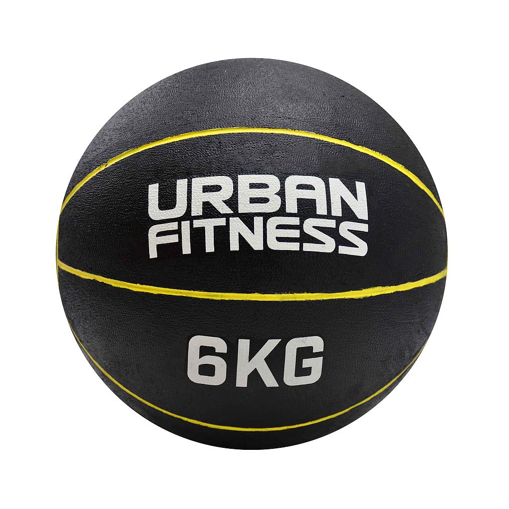 The Urban Fitness Medicine Ball, in black rubber with yellow lines and "URBAN FITNESS 6KG" printed in white, is ideal for functional fitness routines to increase explosive power.
