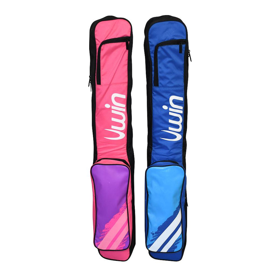 The Uwin Hockey Bag in pink features zippered kit compartments, vertical Uwin branding, and an adjustable carry strap, shown on a white background.
