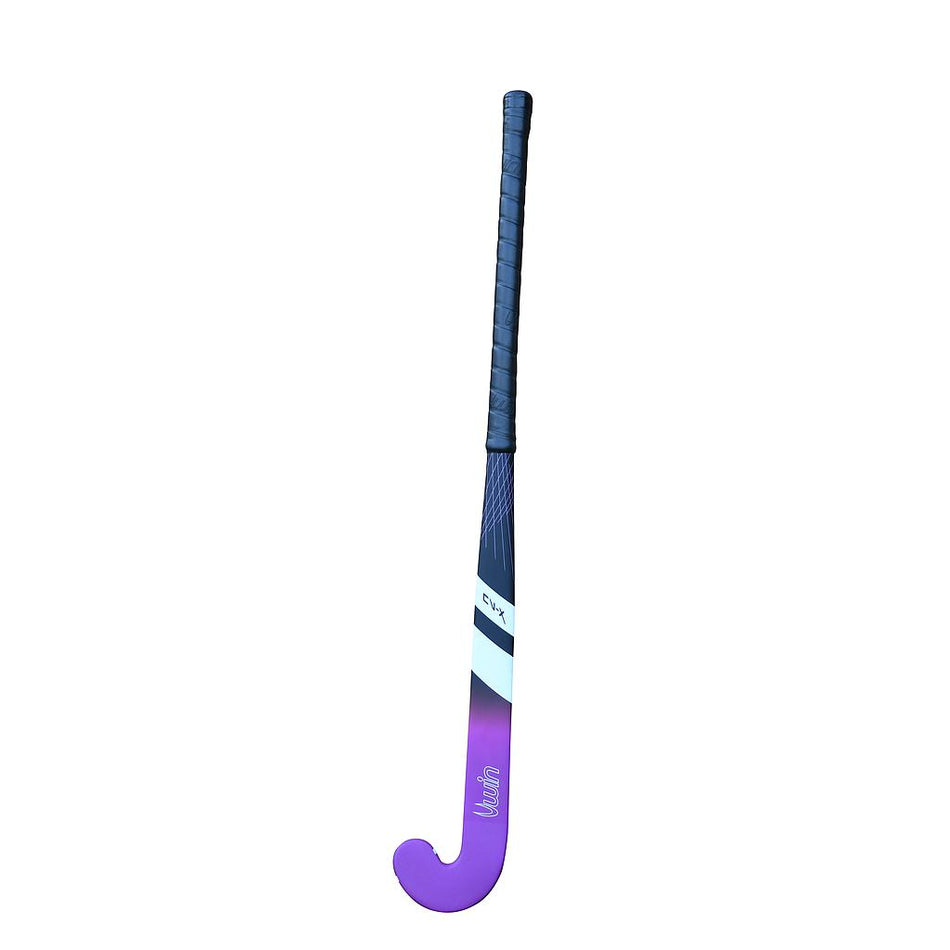 The Uwin CV-X Fiberglass Hockey Stick by Uwin features a Black/Orchid color and a standard bow design, shown against a white background.