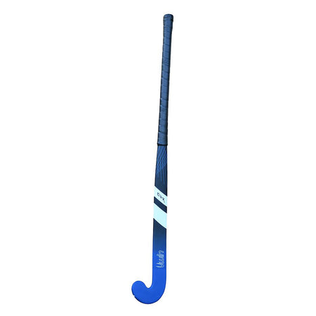 The Uwin CV-X Fiberglass Hockey Stick by Uwin features a Black/Aegean color, a standard bow, black handle grip, and a white diagonal stripe near the top. "Winn" is printed in white script on the lower part of the stick.
