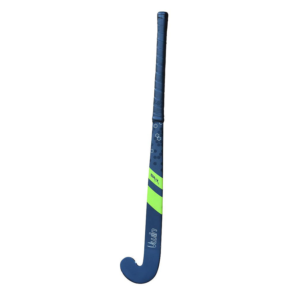 The Uwin SR-X Carbon Hockey Stick is a blue low bow field hockey stick with a black grip and green diagonal stripes, featuring "Uwin" near the curved toe—ideal for precise drag flicking.