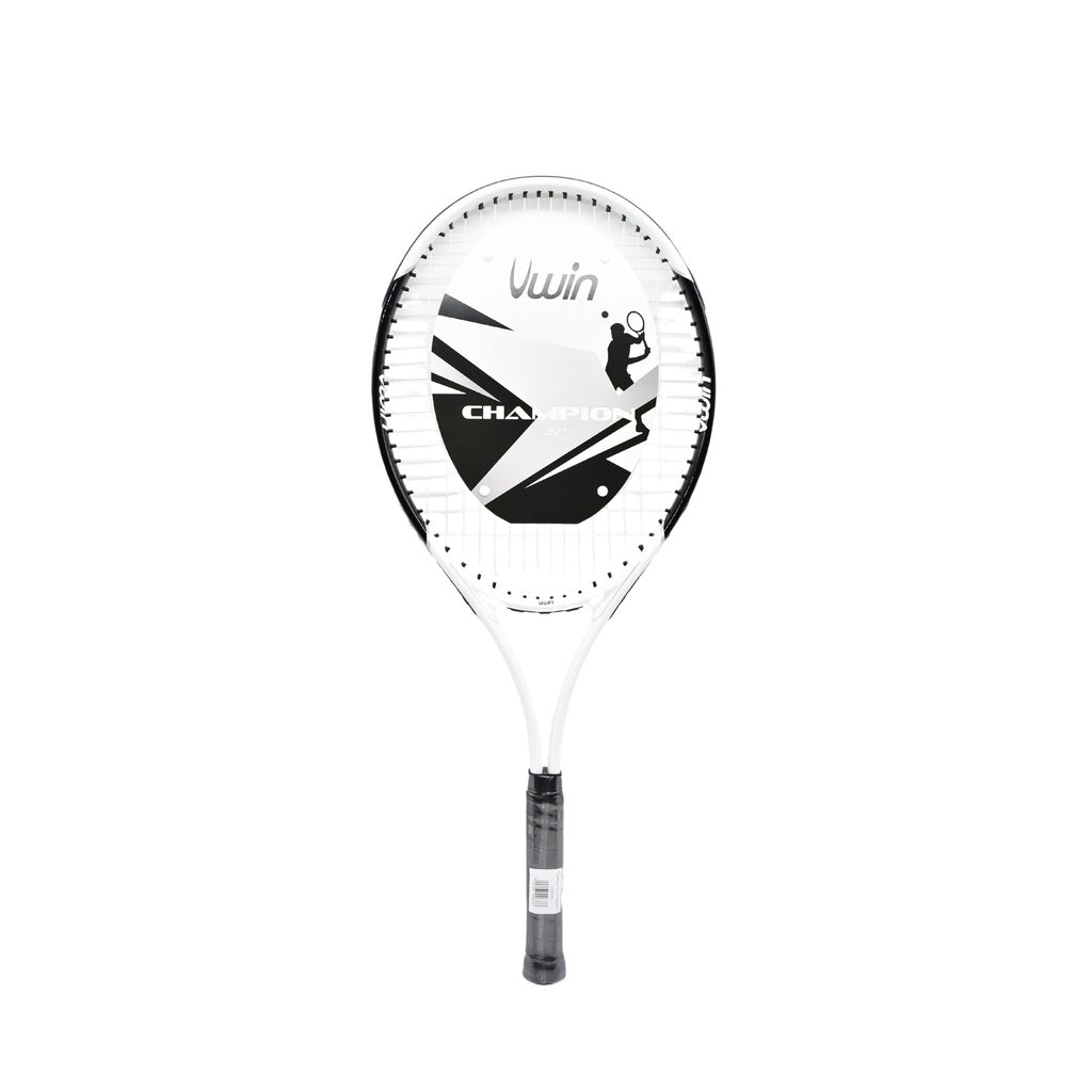 The Uwin Champion Tennis Racket by Uwin features a white and black design, lightweight aluminium build, “Champion” on the strings, and a tennis player graphic. Displayed on a plain white background—ideal for beginner players.