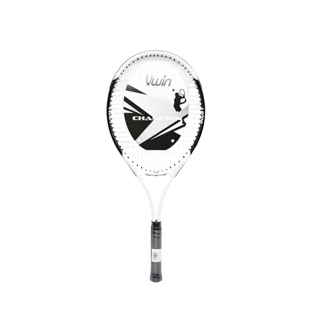 The Uwin Champion Tennis Racket by Uwin features a white and black design, lightweight aluminium build, “Champion” on the strings, and a tennis player graphic. Displayed on a plain white background—ideal for beginner players.