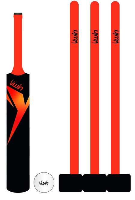 The Uwin Plastic Cricket Set by Uwin includes a black and orange bat, three orange stumps with black bails, and a white Uwin-branded ball—ideal for enjoyable junior cricket training sessions.