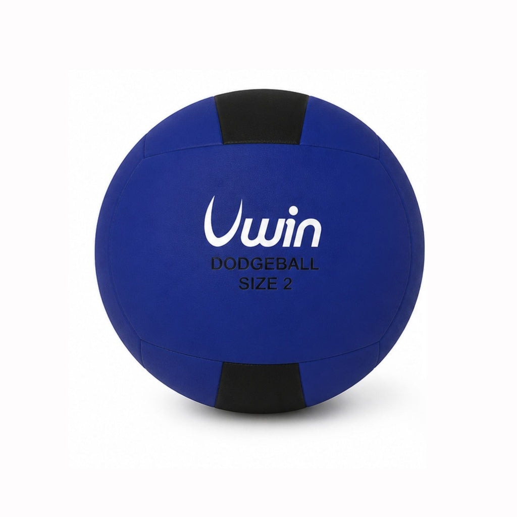 The Uwin Cloth Dodgeball features a blue soft-touch surface with black panels and white "Uwin" branding, labeled "DODGEBALL SIZE 2", shown against a plain light background. Safe for kids to enjoy.