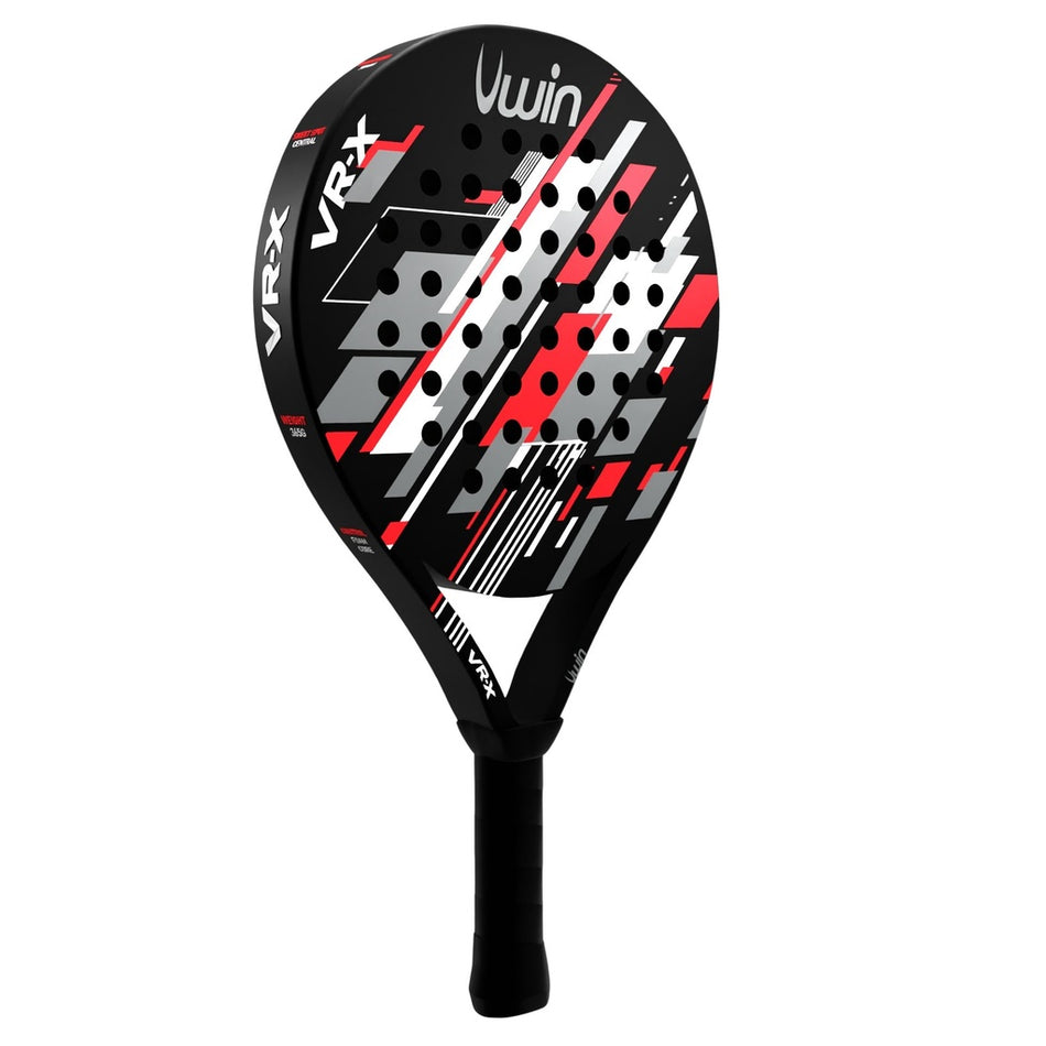 The Uwin VR-X Padel Racket by Uwin features balanced weight, durable construction, and a black, red, and white geometric design labeled VRX and Vwin. It has multiple holes and a black handle.