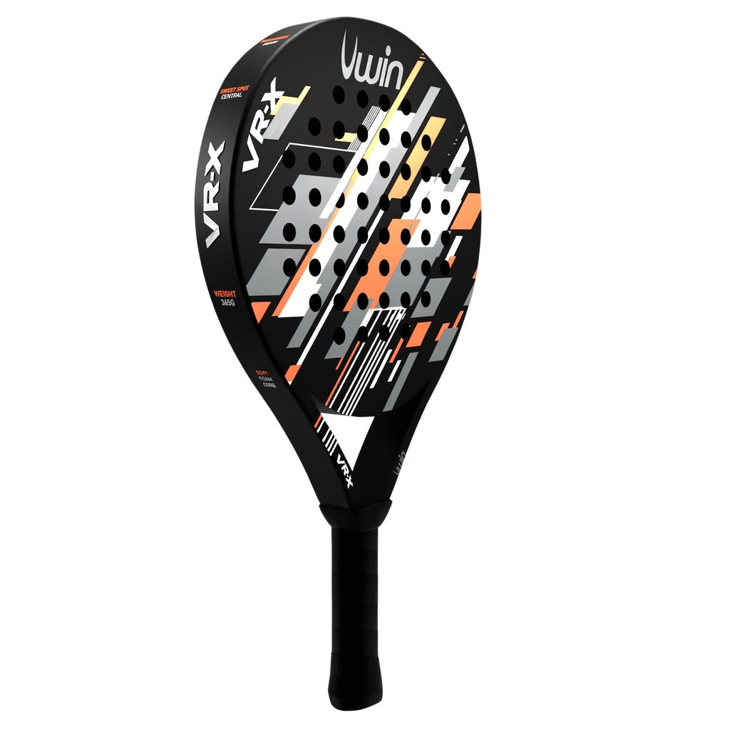 The Uwin VR-X Junior Padel Racket is a lightweight beginner’s racket with a modern white, orange, and gray geometric design, black handle, circular perforations, and Uwin branding—ideal for juniors or new players.
