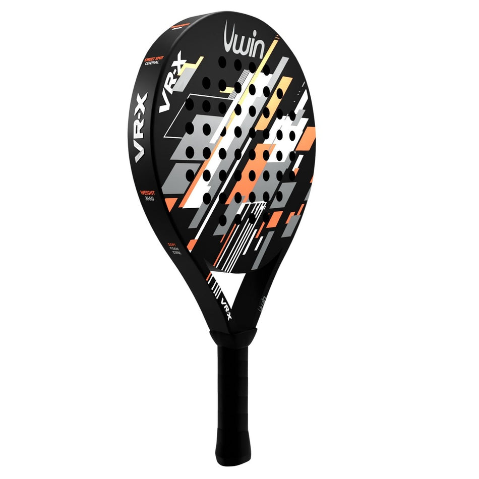 The Uwin VR-X Junior Padel Racket is a lightweight beginner’s racket with a modern white, orange, and gray geometric design, black handle, circular perforations, and Uwin branding—ideal for juniors or new players.