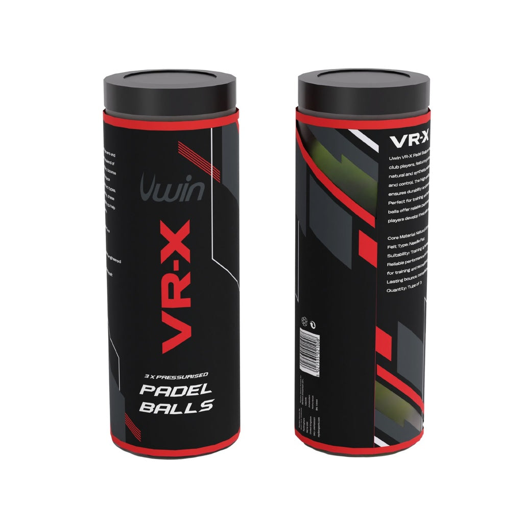 Two black cylindrical cans of Uwin VR-X Padel Balls by Uwin, shown front and back, with red and white text highlighting branding, product details, and the promise of durable felt padel balls on the packaging.