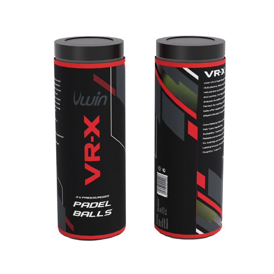 Two black cylindrical cans of Uwin VR-X Padel Balls by Uwin, shown front and back, with red and white text highlighting branding, product details, and the promise of durable felt padel balls on the packaging.