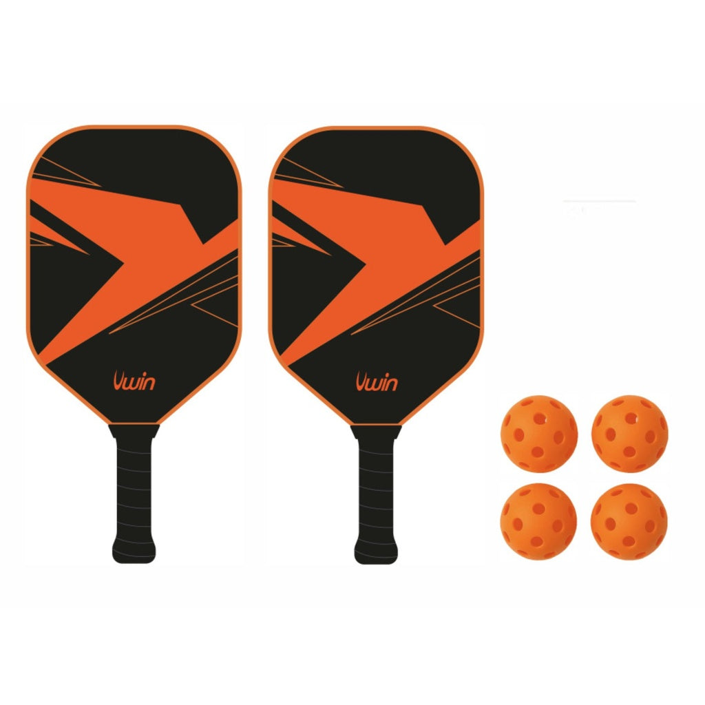 The Uwin Pickleball 2 Player Paddles Set includes two black beginner paddles with orange accents labeled "Uwin" and four orange perforated balls, ideal for a 2 player game, shown on a white background.