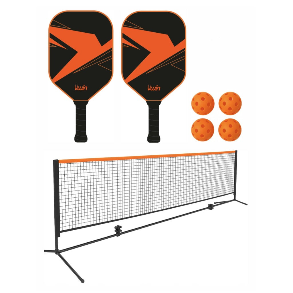 The Uwin Pickleball 2 Player Paddles Set With Net by Uwin includes two black and orange paddles, four orange balls, and a sturdy net with an orange stripe, all shown on a white background.