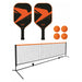 The Uwin Pickleball 2 Player Paddles Set With Net by Uwin includes two black and orange paddles, four orange balls, and a sturdy net with an orange stripe, all shown on a white background.