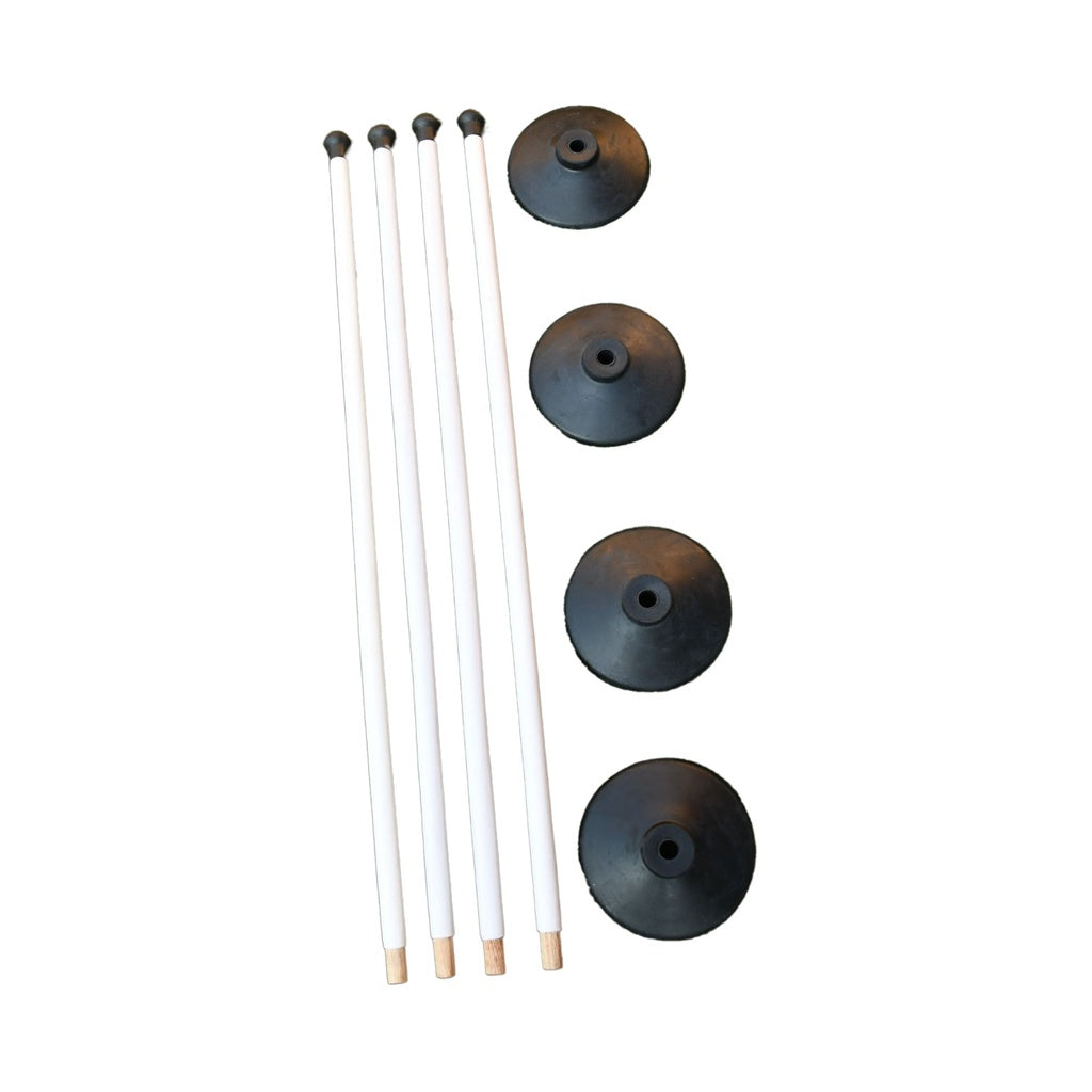 The Uwin Rounders Post and Base Set includes four white poles with black ends and four black round bases—perfect for your next rounders game.