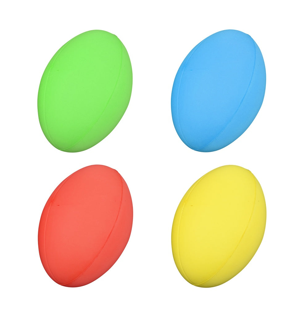Four small Reydon Sports Uncoated Foam Rugby Balls in green, blue, red, and yellow are arranged in a grid on a white background. These lightweight balls resemble miniature rugby or American footballs.