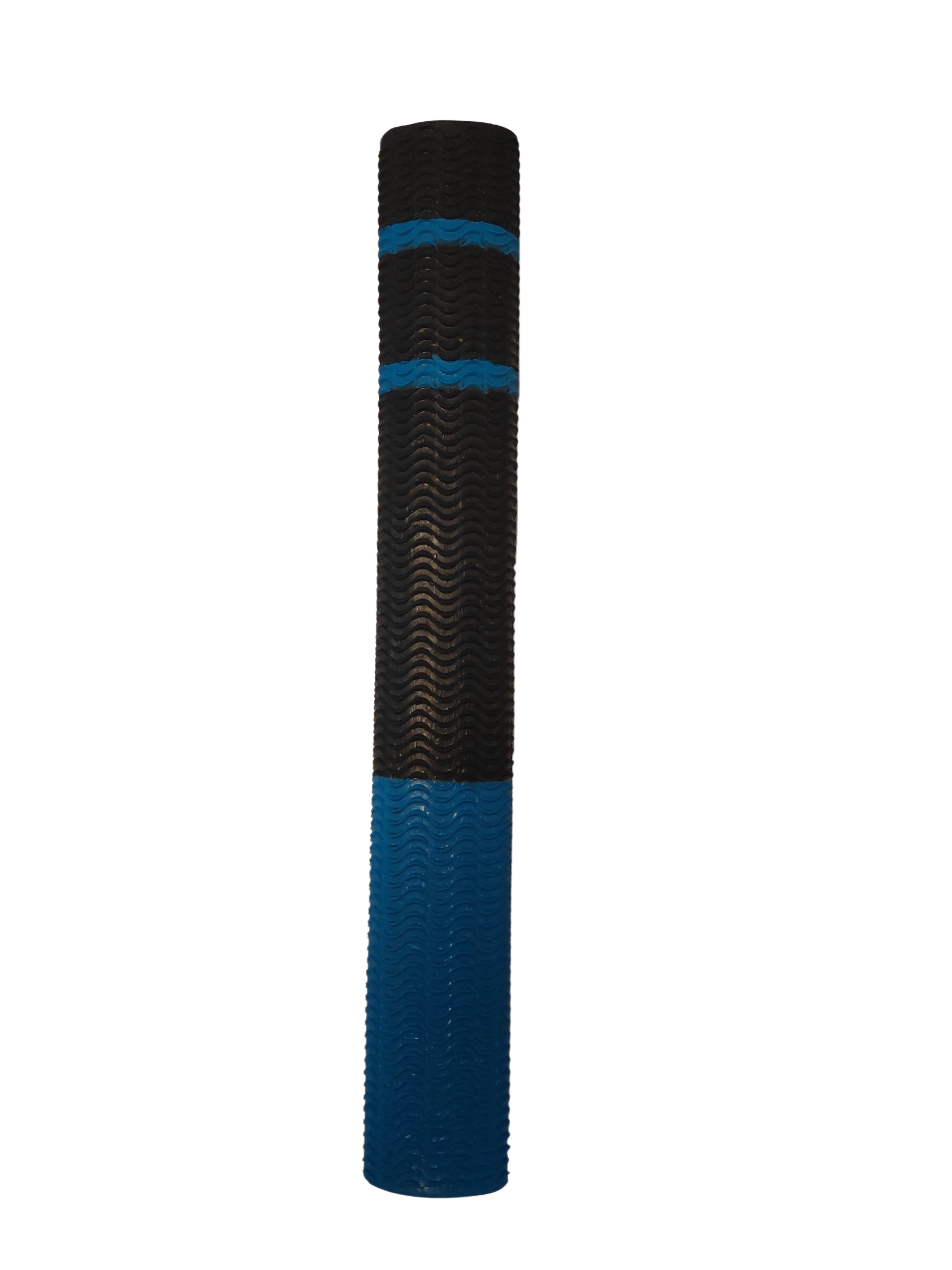 The Hunts County Aqua Two Tone Bat Grip by Hunts County, in blue and black, stands upright against a white background. The bat grip has a wavy texture for non-slip performance and features a blue stripe near the top.