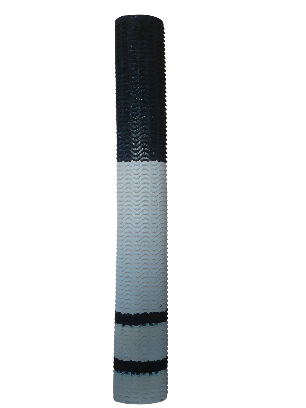 The Hunts County Aqua Two Tone Bat Grip by Hunts County features a black and white wavy, textured surface for non-slip performance, with two black stripes near the base.