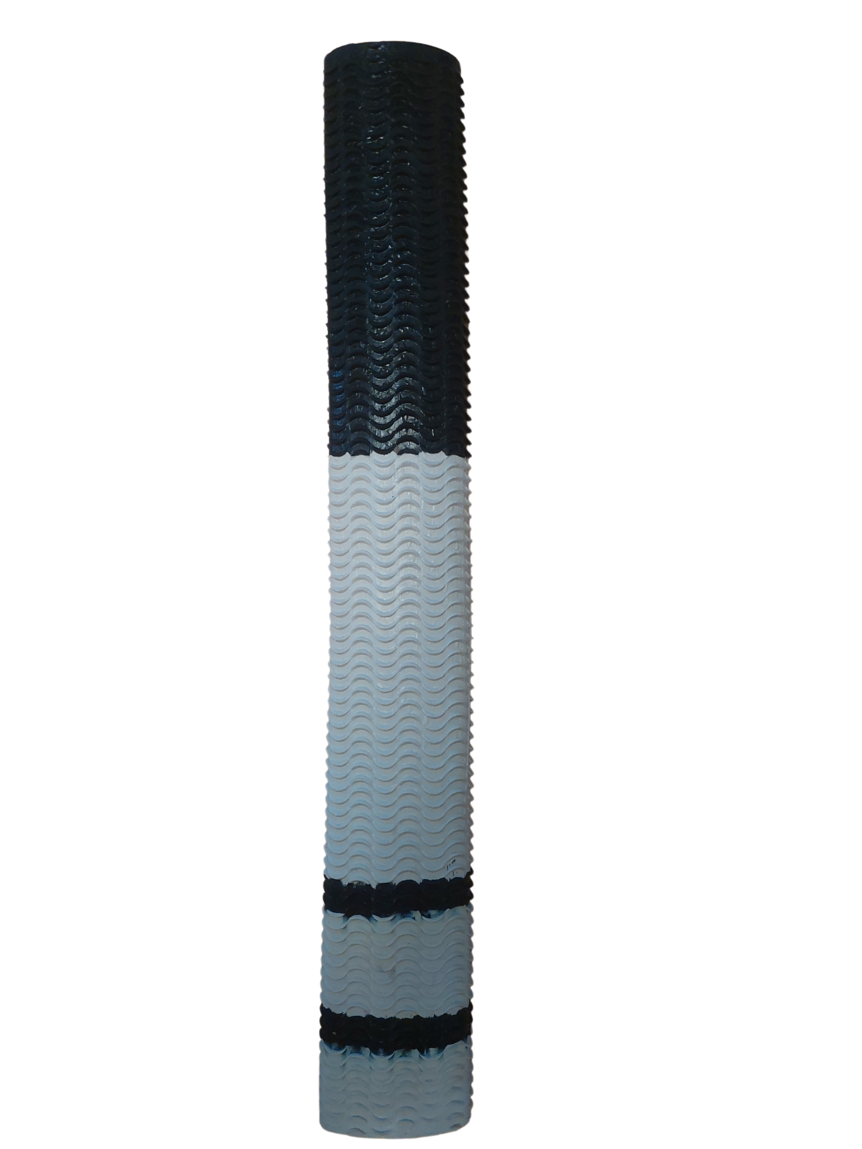 The Hunts County Aqua Two Tone Bat Grip by Hunts County features a black and white wavy, textured surface for non-slip performance, with two black stripes near the base.