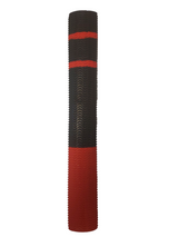 The Hunts County Aqua Two Tone Bat Grip by Hunts County features a red and black color scheme, wavy textured patterns, and two horizontal black stripes near the top for a secure, non-slip performance.