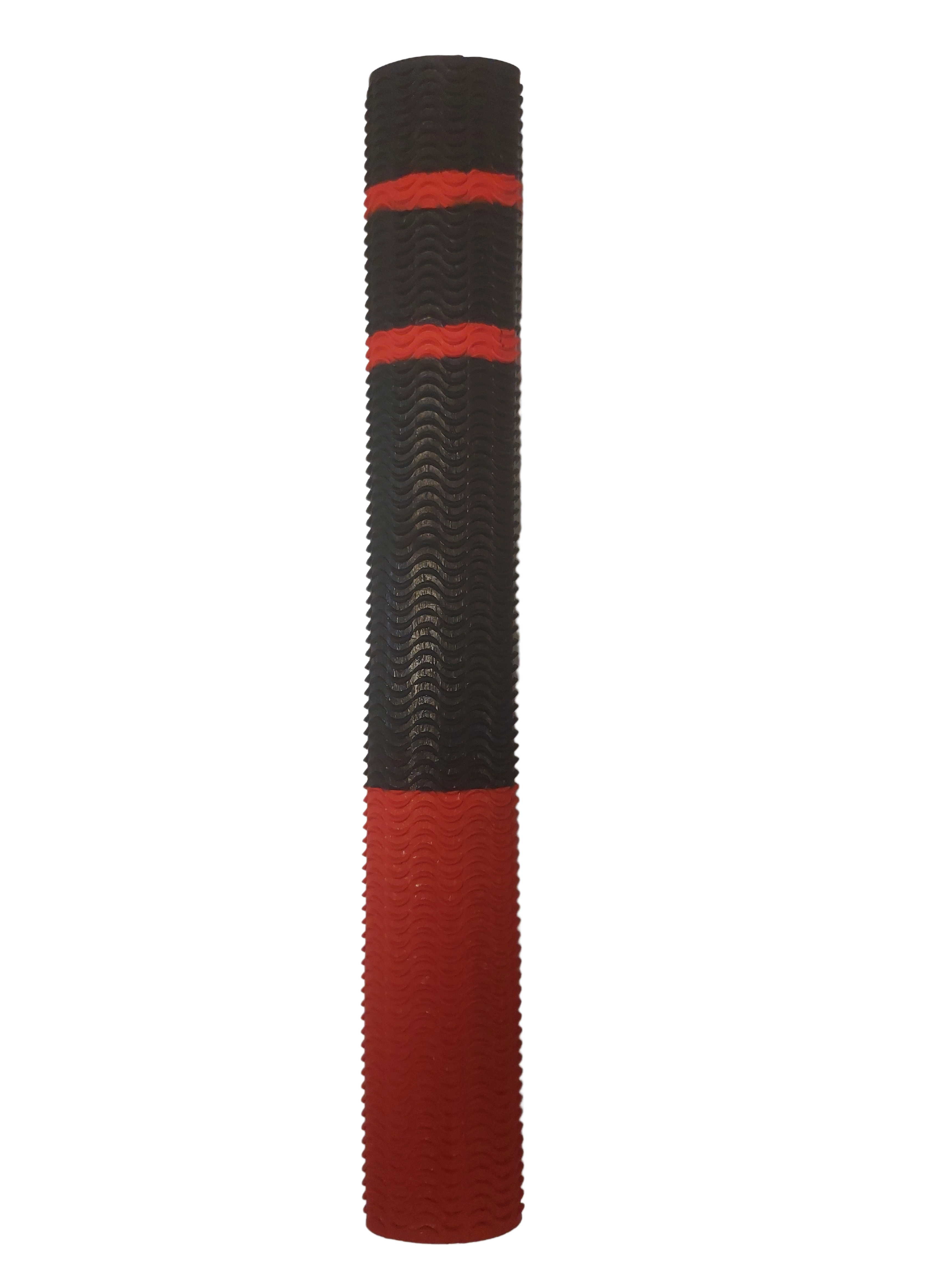 The Hunts County Aqua Two Tone Bat Grip by Hunts County features a red and black color scheme, wavy textured patterns, and two horizontal black stripes near the top for a secure, non-slip performance.