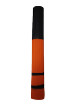 A large, upright orange and black crayon with stripes and a black tip mirrors the design of the Hunts County Aqua Two Tone Bat Grip by Hunts County, an orange/black grip known for its secure, non-slip performance.