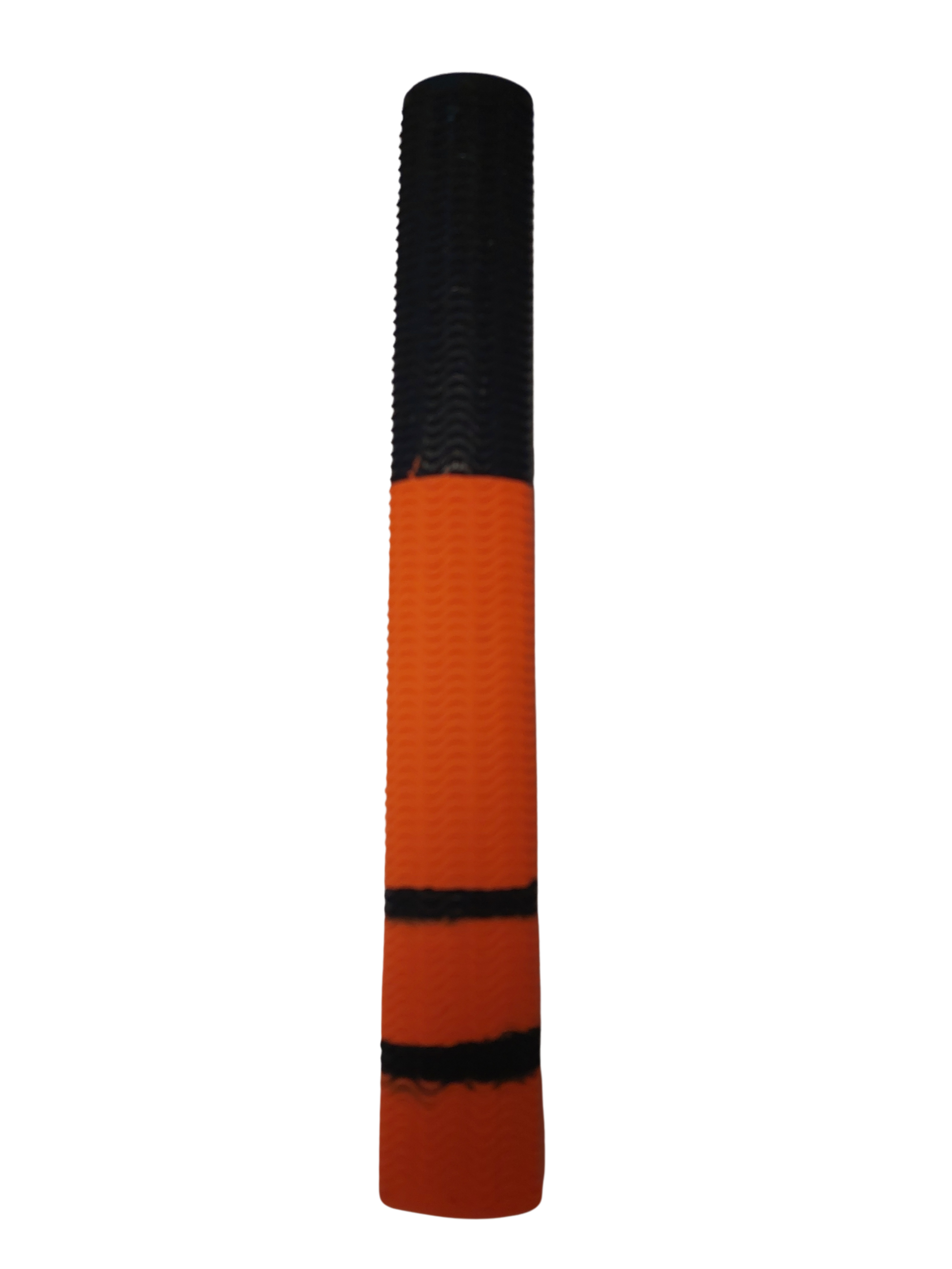 A large, upright orange and black crayon with stripes and a black tip mirrors the design of the Hunts County Aqua Two Tone Bat Grip by Hunts County, an orange/black grip known for its secure, non-slip performance.