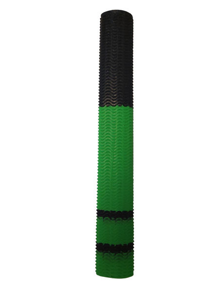 The Hunts County Aqua Two Tone Bat Grip by Hunts County, featuring a wavy textured green design with black sections and stripes, stands upright against a white background.