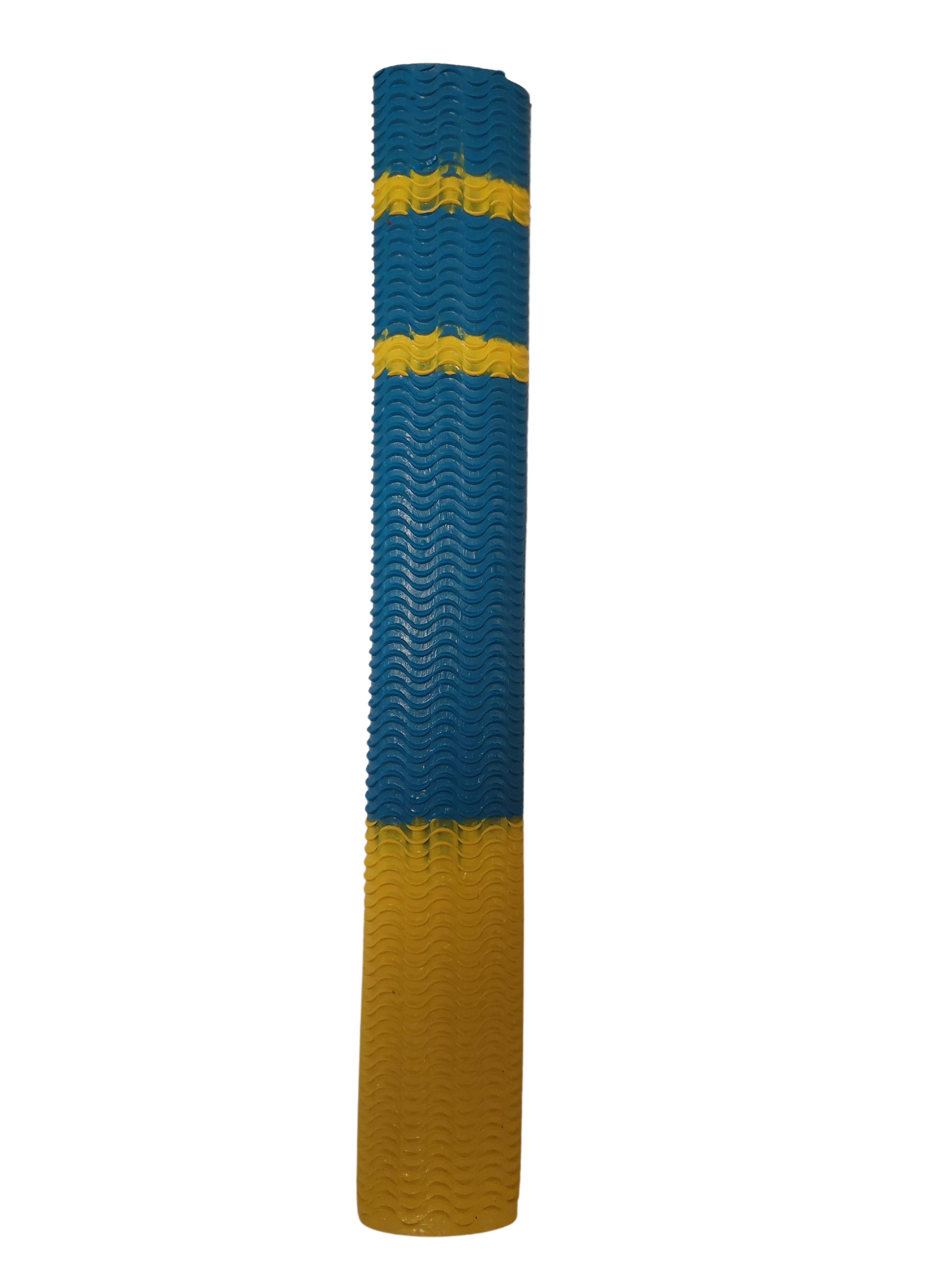 The Hunts County Aqua Two Tone Bat Grip by Hunts County features a blue and yellow color pattern with horizontal yellow stripes, a wavy non-slip texture, and is shown standing upright on a white background.