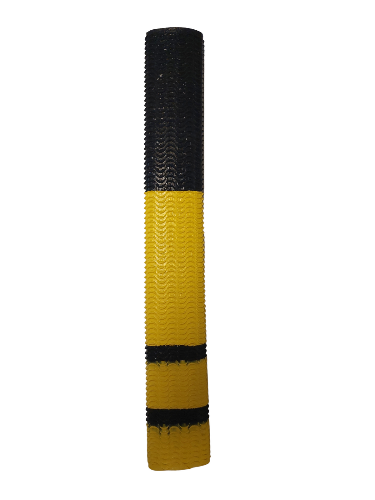 The Hunts County Aqua Two Tone Bat Grip by Hunts County features a tall, cylindrical design with a textured surface for non-slip performance, black top section, large yellow middle section, and two horizontal black stripes on a plain white background.