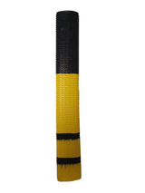 The Hunts County Aqua Two Tone Bat Grip by Hunts County features a tall, cylindrical design with a textured surface for non-slip performance, black top section, large yellow middle section, and two horizontal black stripes on a plain white background.