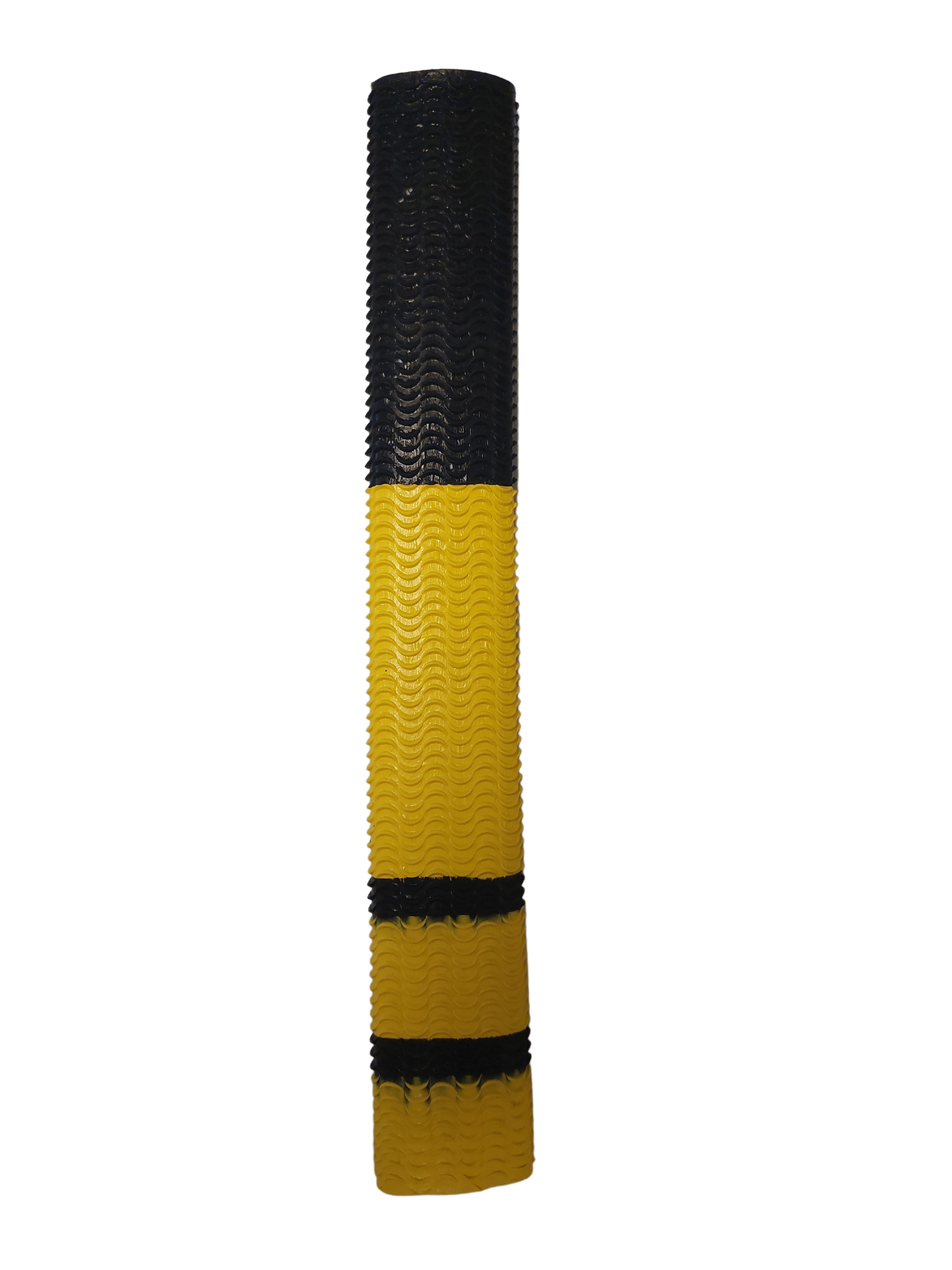 The Hunts County Aqua Two Tone Bat Grip by Hunts County features a tall, cylindrical design with a textured surface for non-slip performance, black top section, large yellow middle section, and two horizontal black stripes on a plain white background.