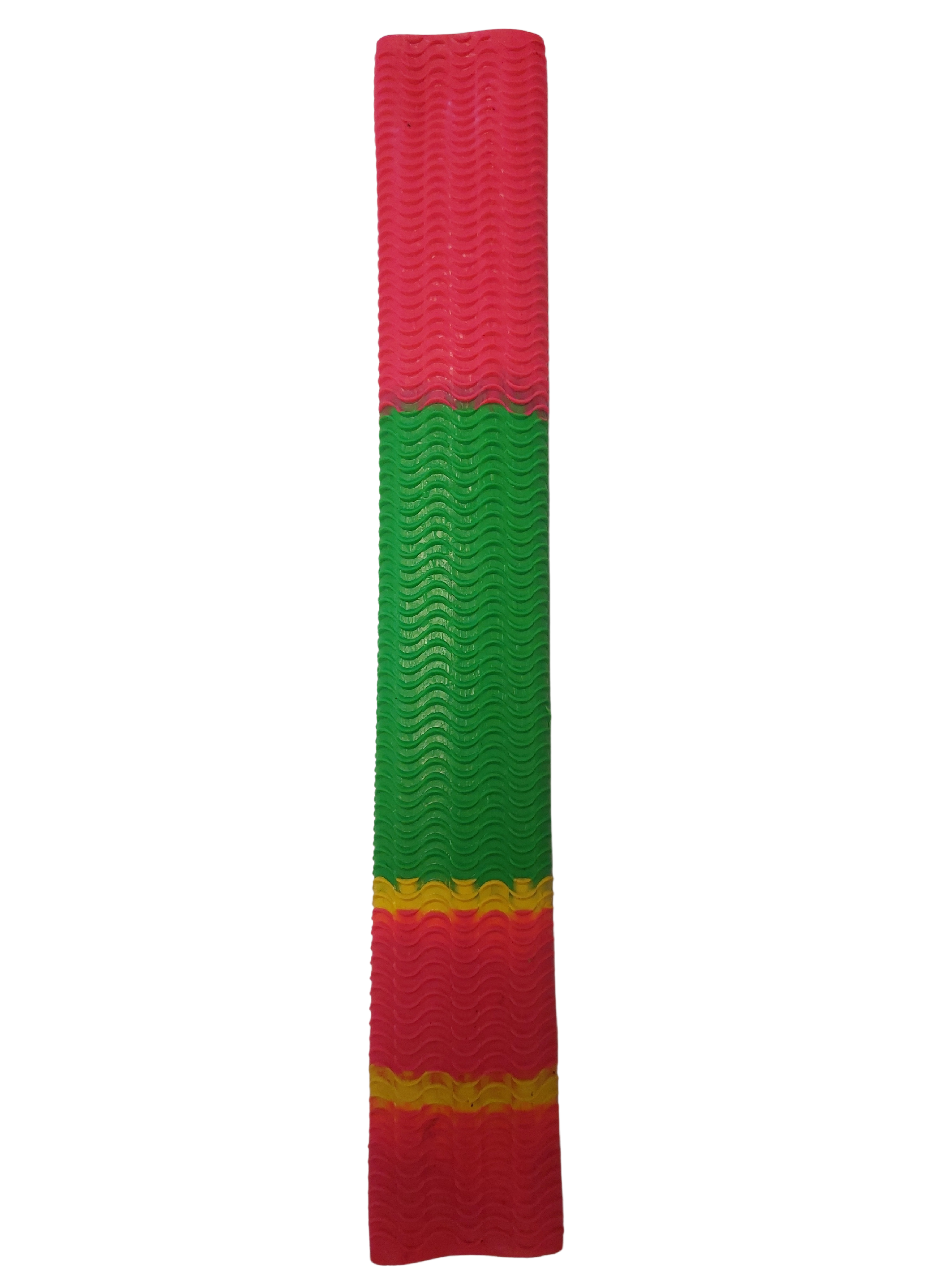The Hunts County Aqua Two Tone Bat Grip features a wavy texture with pink ends, green center, and thin yellow bands for added grip—offering reliable non-slip performance from the trusted Hunts County brand.