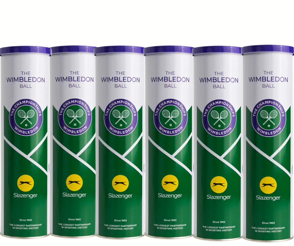 Six tins of Slazenger Wimbledon 4 Ball Tin—featuring official green, white, and purple Wimbledon branding—provide two dozen balls ideal for play on any grass court.