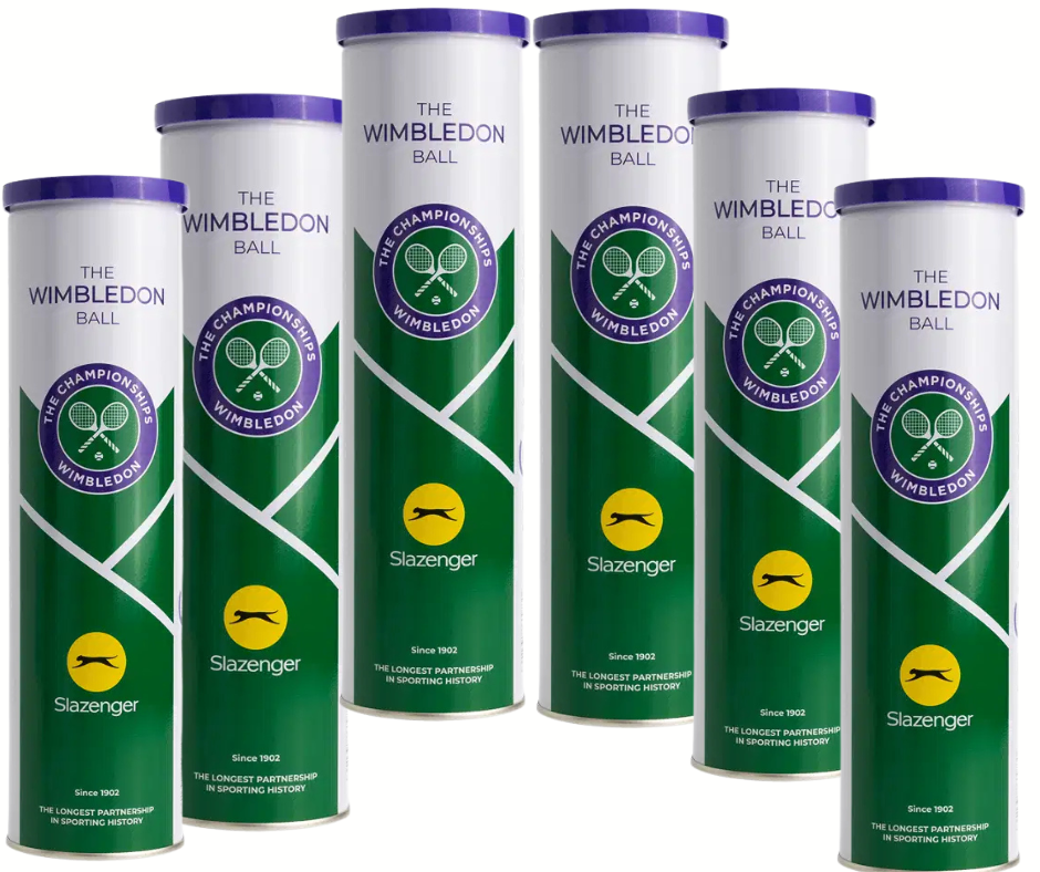 Six Slazenger Wimbledon 4 Ball Tins (two dozen balls total) feature the official Wimbledon logo and come in green and white canisters, each holding four balls as used at Wimbledon.
