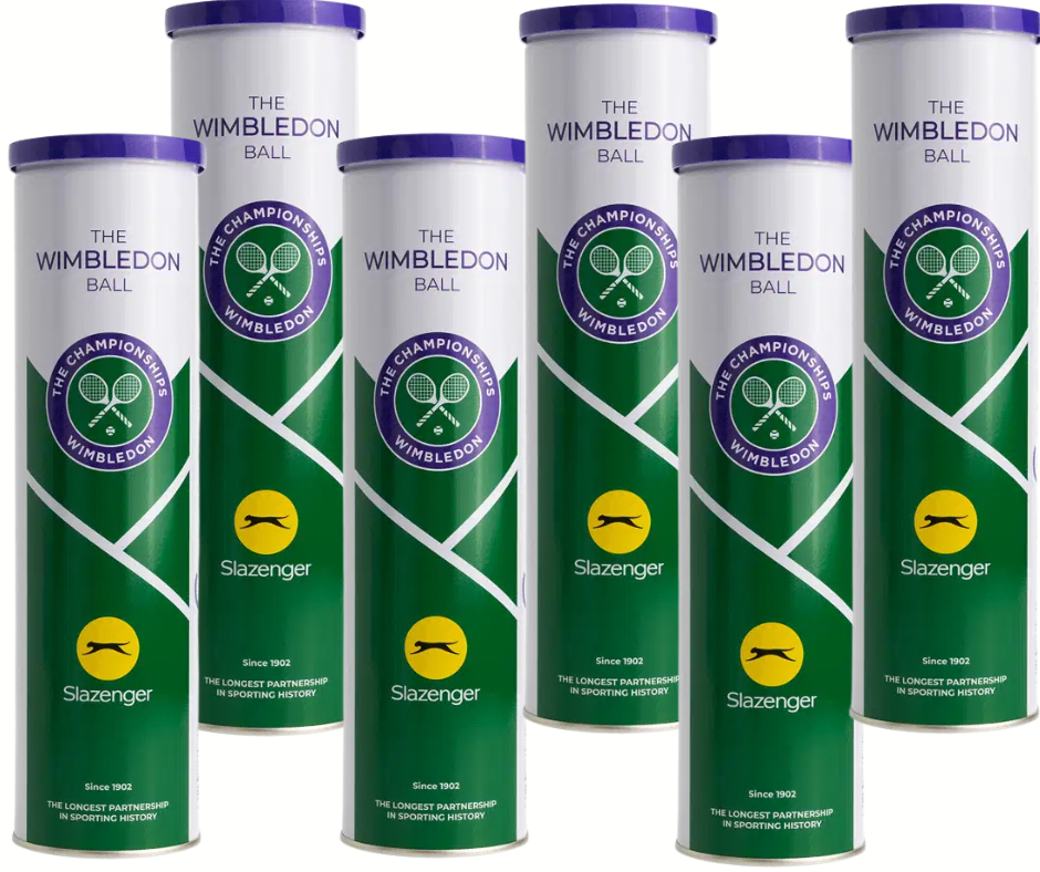 Six tins of Slazenger Wimbledon 4 Ball Tin—two dozen tennis balls—are arranged in two rows, each tin featuring green, white, and purple packaging with the Wimbledon logo, highlighting the official grass court ball from Slazenger.