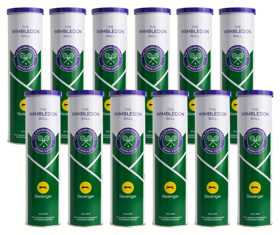 Twelve Slazenger Wimbledon 4 Ball Tins (48 balls) are arranged in rows, each with the purple Wimbledon logo and yellow Slazenger branding—the official grass court ball.