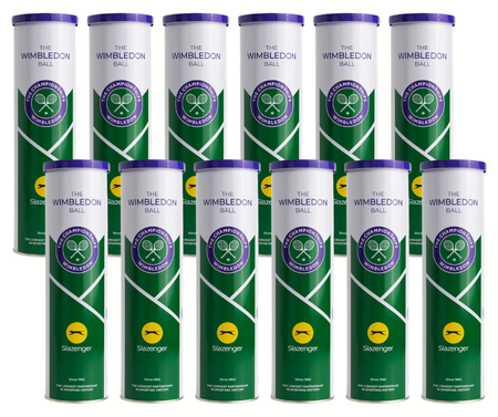 Twelve Slazenger Wimbledon 4 Ball Tins (48 balls) are arranged in rows, each with the purple Wimbledon logo and yellow Slazenger branding—the official grass court ball.