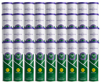 A display of 36 Slazenger Wimbledon 4 Ball Tins (twelve dozen balls), each with a green, white, and purple design featuring the Wimbledon logo.