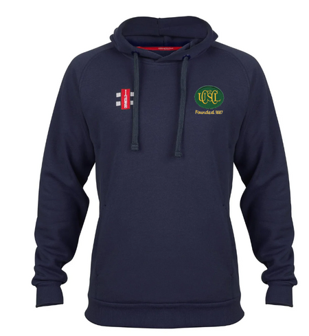 The Gray Nicolls Upton St Leonards CC Velocity Hoodie is a navy organic cotton hoodie with a drawstring, small red and white rectangular patch, yellow embroidered logo with green letters, and "Founded 1827" on the chest.