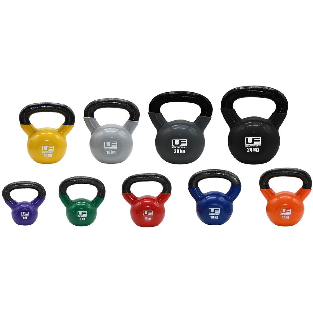 Nine Urban Fitness Vinyl Coated Cast Iron Kettlebells in assorted colors and sizes, labeled from 4 kg to 24 kg, arranged in two rows—perfect for versatile fitness training.
