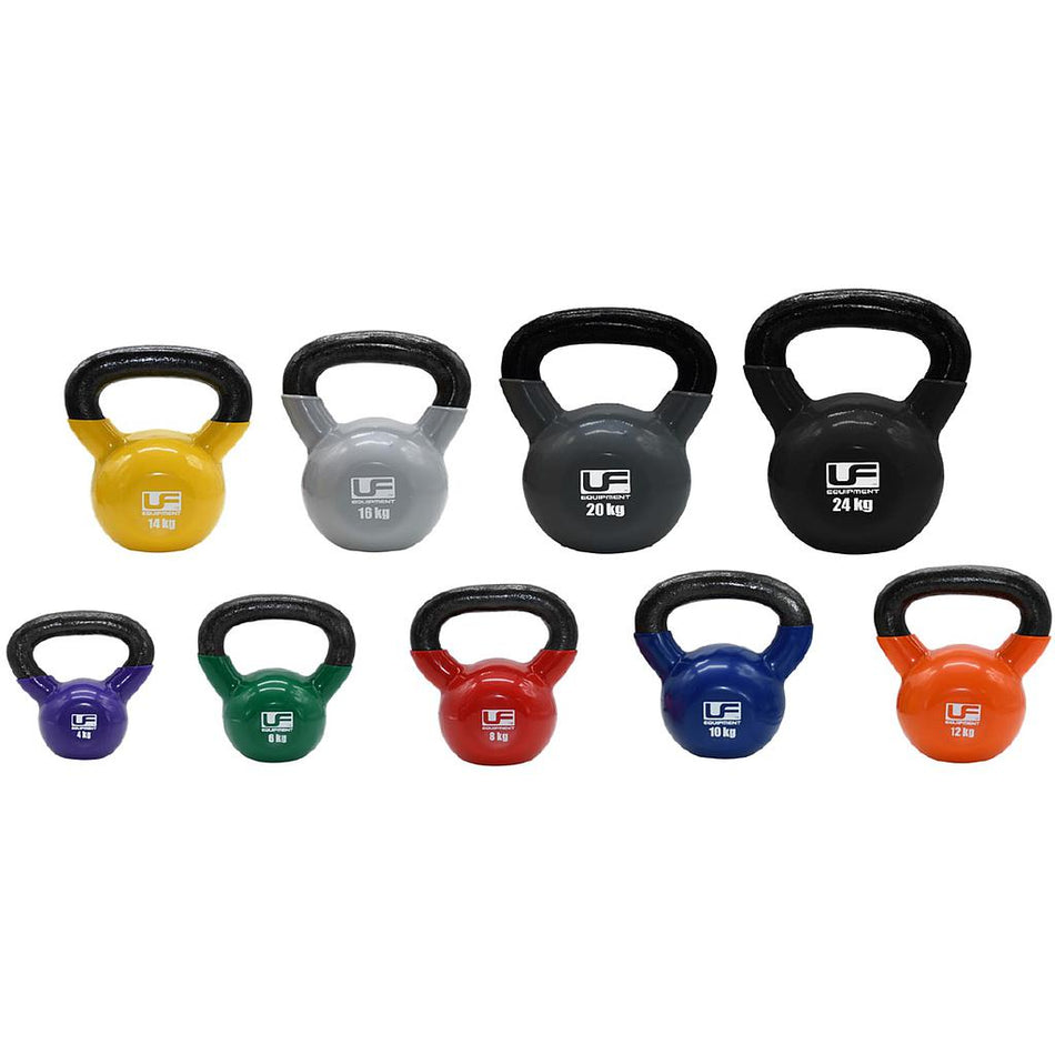 Nine Urban Fitness Vinyl Coated Cast Iron Kettlebells in assorted colors and sizes, labeled from 4 kg to 24 kg, arranged in two rows—perfect for versatile fitness training.