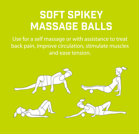 Illustration of four exercises using Urban Fitness Soft Spikey Massage Balls by Urban Fitness for self-massage to ease back pain, boost circulation, stimulate muscles, and reduce tension, with benefits explained on a green background.