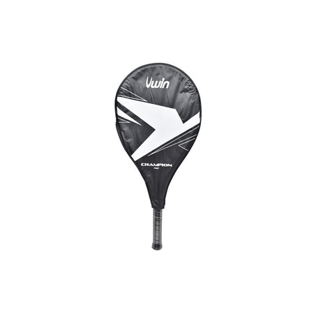 The Uwin Champion Tennis Racket is a lightweight black and white starter racket with a large arrow design, “Uwin” at the top, “Champion” below, a wrapped handle, and an aluminum frame. Photographed against a white background.