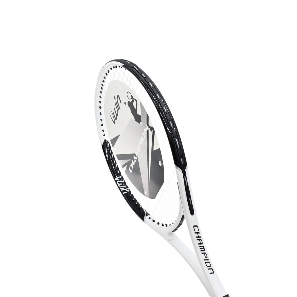 The Uwin Champion Tennis Racket by Uwin features a white design with black accents and "CHAMPION" on the side, made from lightweight aluminium—ideal for beginners—shown on a plain white background.