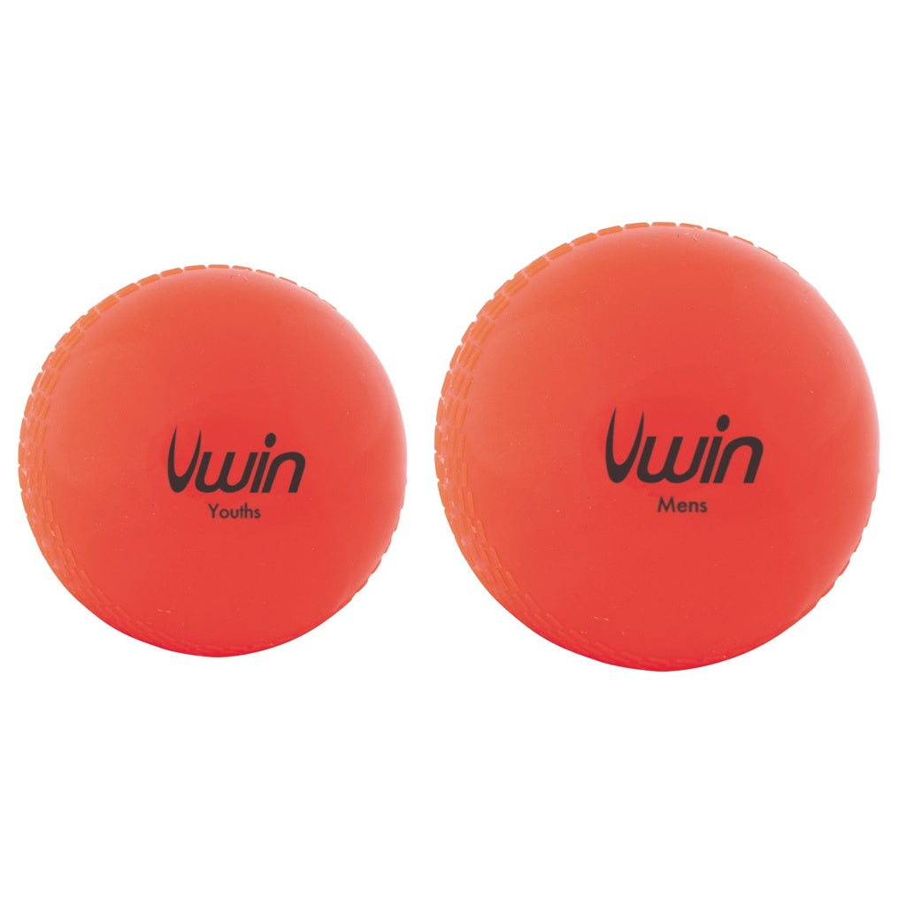 Two orange Uwin Training Cricket Balls, labeled Youths (left) and Mens (right), highlight size differences; both are ideal for skill development during practice sessions. Brand: Uwin.