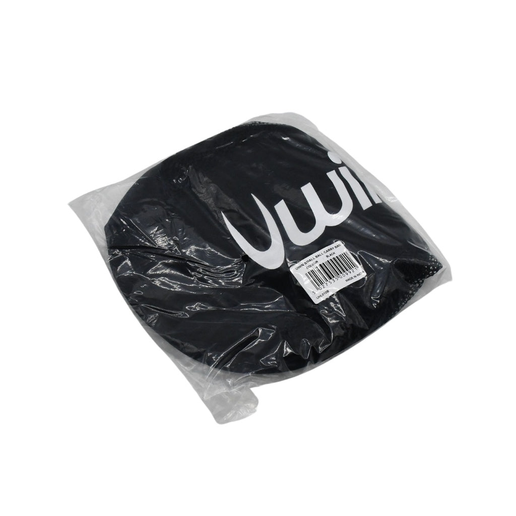 The Uwin Small Ball Carry Bag, a black sports bag with "Uwin" in white text, is sealed in clear plastic with a barcode sticker. Shown on a white background, it’s ideal for ball storage or use as a convenient carry bag.