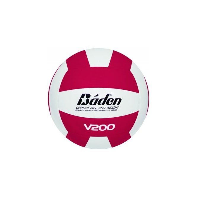 The Baden V200 Rubber Volleyball by Baden Sports showcases alternating white and pink panels with the model name “V200” prominently displayed. Nylon-wound for enhanced durability, this volleyball is pictured against a white background.