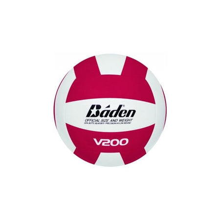 The Baden V200 Rubber Volleyball by Baden Sports showcases alternating white and pink panels with the model name “V200” prominently displayed. Nylon-wound for enhanced durability, this volleyball is pictured against a white background.