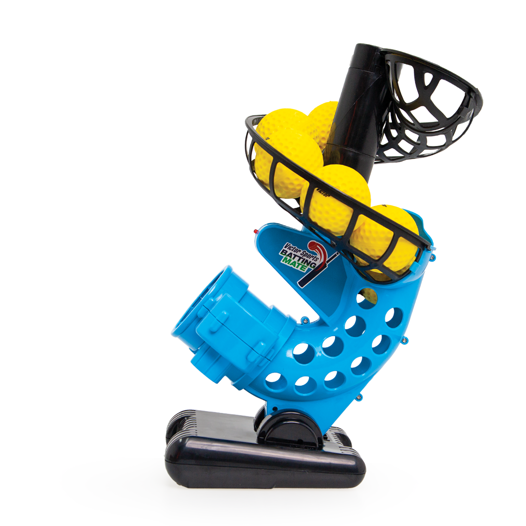The Victor Sports Batting Mate Cricket Bowling Machine by Victor Sports is a blue plastic device with a sturdy black base, featuring an automatic feeder that holds several yellow balls in a black basket and launches them through a round front opening.